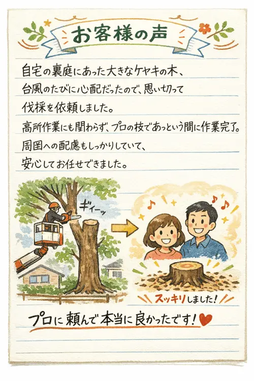 自宅の裏庭にあった大きなケヤキの木が台風のたびに心配だったので、思い切って伐採を依頼しました。高所作業にも関わらず、プロの技であっという間に作業完了。周囲への配慮もしっかりしていて、安心してお任せできました。